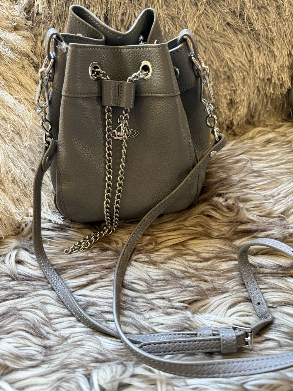 Vivienne Westwood Grey Pebbled Leather Mini Drawstring Bucket Bag
